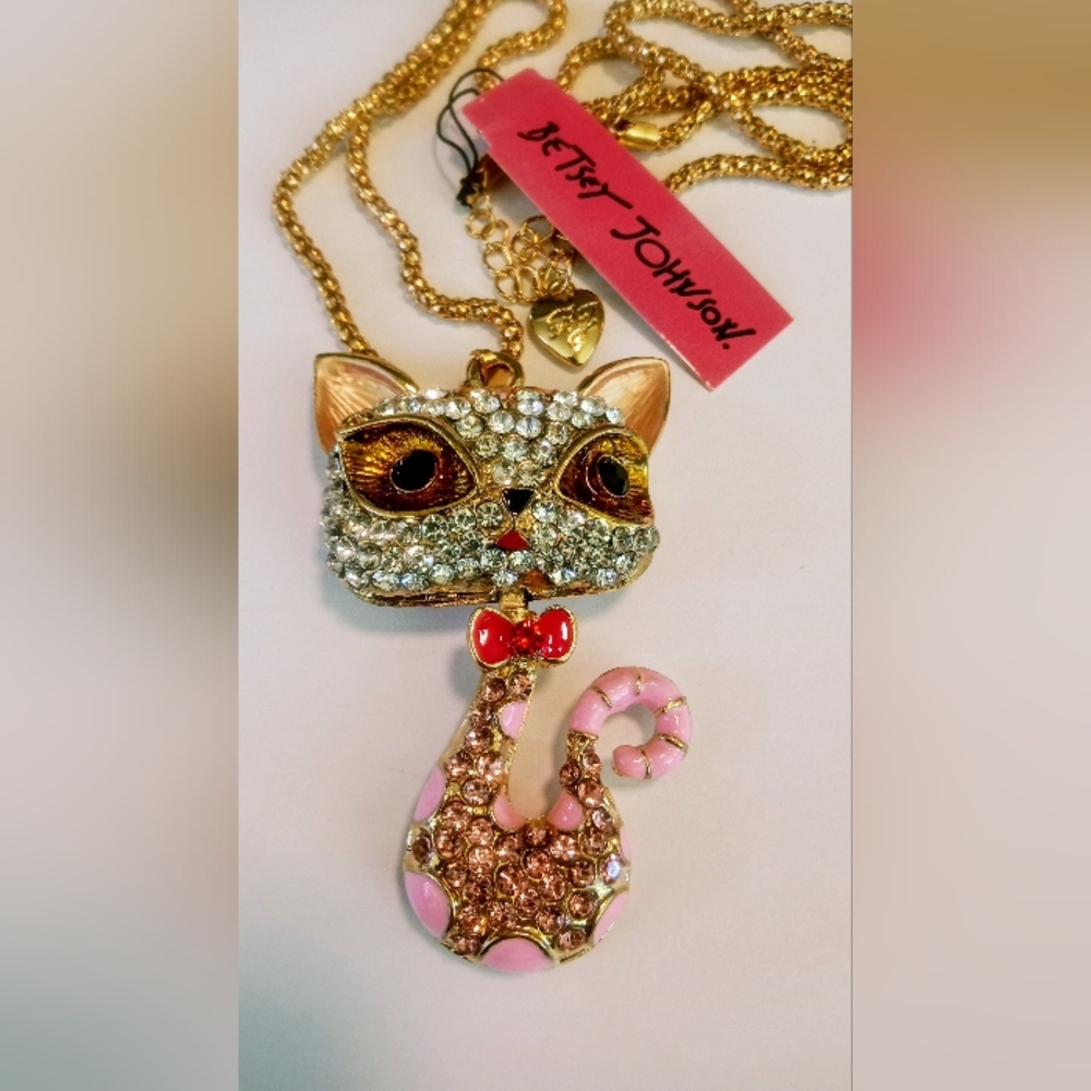 BETSEY JOHNSON Big eyes Kitty Cat necklace pendant enamel rhinestone NEW